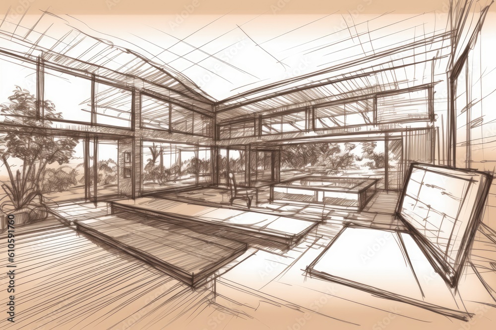 CAD sketch and interior design project on screen on wooden desk with laptop and tablet in foreground, with a hazy draft in the backdrop and a retro kitchen in the distance. Generative AI CAD sketch and interior design project on screen on wooden desk with laptop and tablet in foreground, with a hazy draft in the backdrop and a retro kitchen in the distance. Generative AI