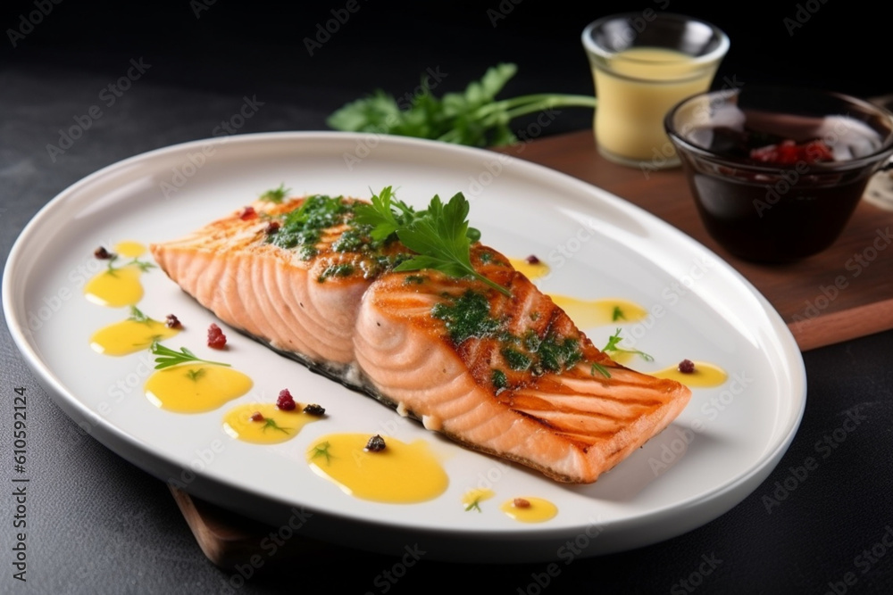 Grilled salmon with sauce and herbs served at restaurant Grilled salmon with sauce and herbs served at restaurant