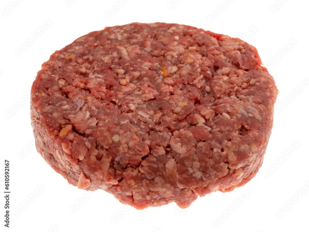 Side view of a thick gourmet hamburger patty isolated on a white background. Side view of a thick gourmet hamburger patty isolated on a white background.