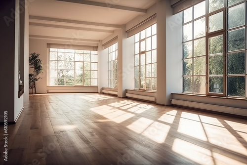 Empty room in a bright clean interior , White empty room with wooden floor , Created with generative AI