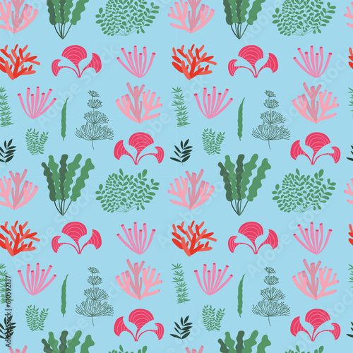 Seaweed and coral seamless pattern. Different kinds of ocean  plants and algae pattern