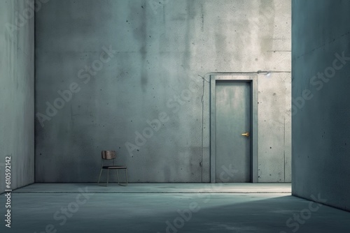 Conceptual illustration of a concrete room interior with an open door and copy space. Generative AI
