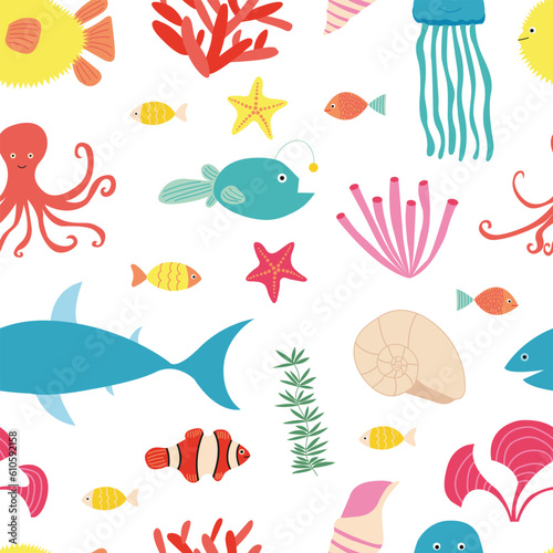 Vector marine animals seamless pattern. Flat sea animals and shells pattern. Shark, globe fish, reef fish, jellyfish, clownfish and sea shells