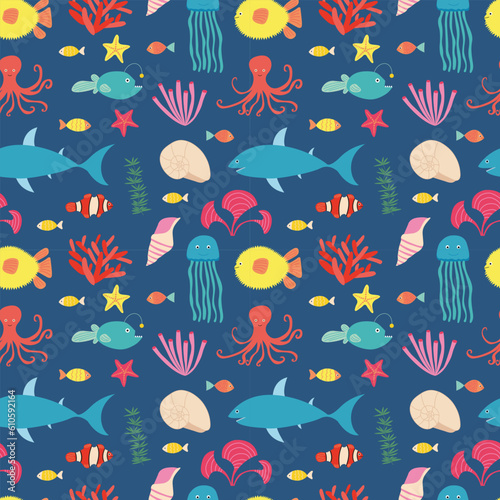 Vector marine animals seamless pattern. Flat sea animals and shells pattern. Shark, globe fish, reef fish, jellyfish, clownfish and sea shells