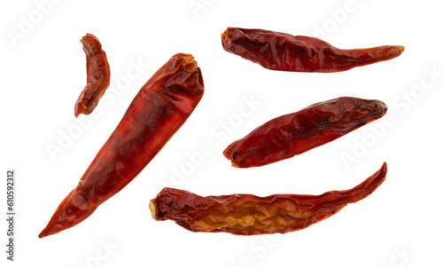 Five dehydrated Vietnamese chili peppers isolated on a white background.