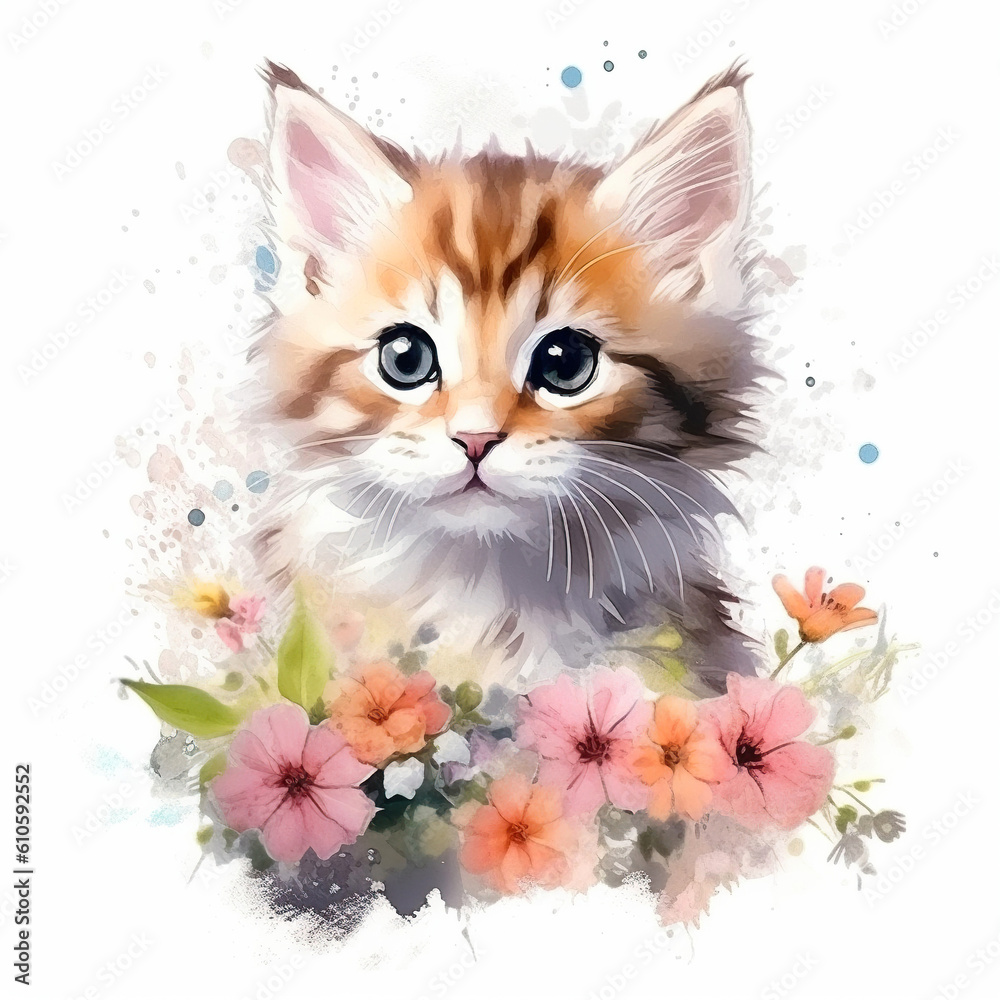 Fototapeta Watercolor Cat with flowers on a white background, kitten, Generative AI