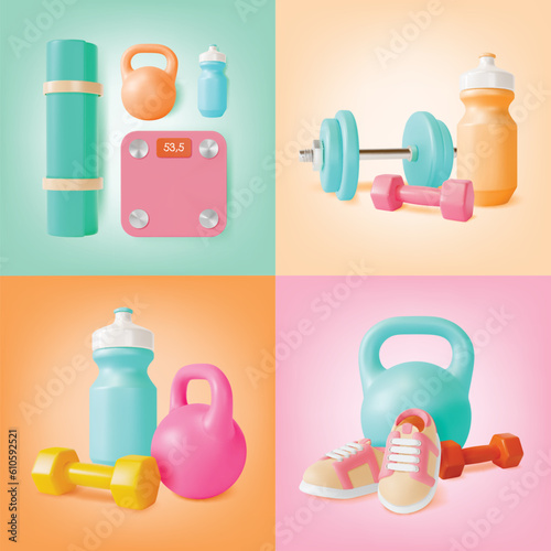 3d Health and Fitness Concept Cartoon Style Banner Poster Card Set Include of Sports Equipment Kits. Vector illustration
