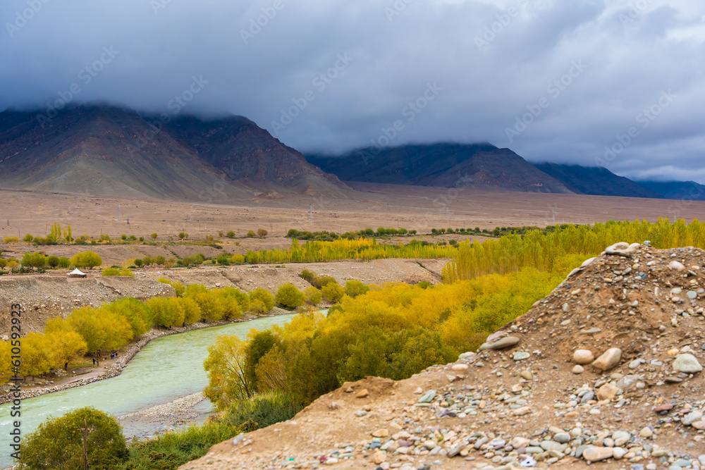 Indus River, the tree, mountain and cloudy sky at Manali town, Ladakh, India