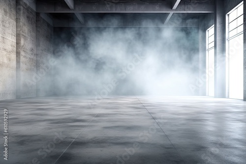 Dark industrial interior with smoke and fog. Dark toned image. © ffunn