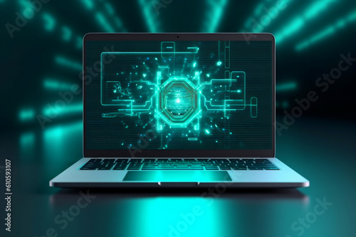 a modern laptop is shown with a lock icon, in the style of innovating techniques, gray and aquamarine, infinity nets, iso 200, emphasis on atmospheric effects, glitchy, oshare kei