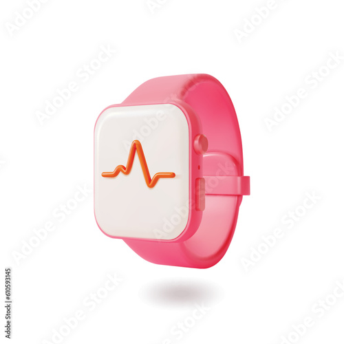 3d Pink Fitness Bracelet Cartoon Style Electronic Gadget for Sports Isolated on a White Background. Vector illustration of Smart Watch Pulse Heart
