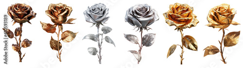 A collection of gold and silver roses on a transparent background, Generative AI