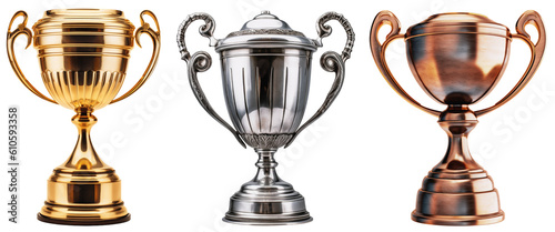 Three champion trophies, cups from gold, silver and bronze on a transparent background, Generative AI