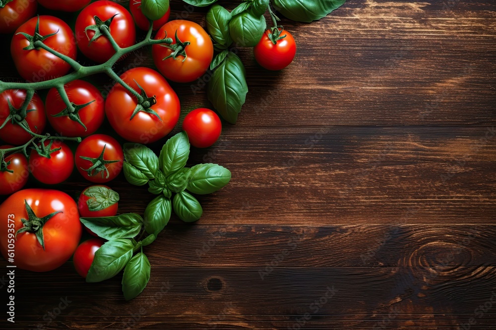 Fresh tomatoes and basil on a wooden table. Top view with copy space Fresh tomatoes and basil on a wooden table. Top view with copy space
