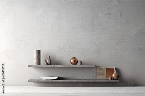 Interior of modern living room with gray concrete wall, wooden shelf and vase