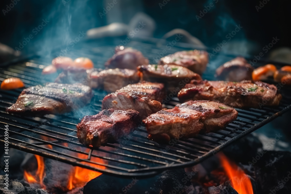  delicious grilled beef steaks on barbecue grill with flame. Good food. Picnic concept. Generative AI