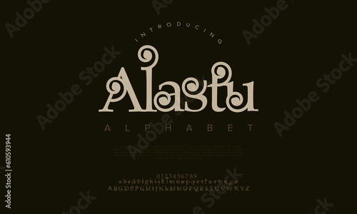 Elegant luxury abstract wedding fashion logo font alphabet. Minimal classic  urban fonts for logo, brand etc. Typography typeface uppercase lowercase and number. vector illustration