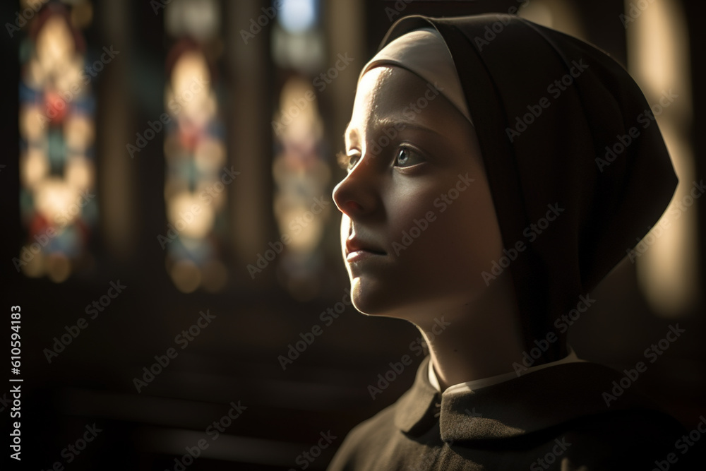 Portrait of a young nun in a cloister, church windows shadows reflect on the face of a nun. Created using Generative AI technology.