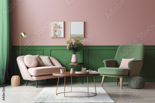 interior background modern green carpet loft lifestyle couch room sofa floor render. Generative AI.