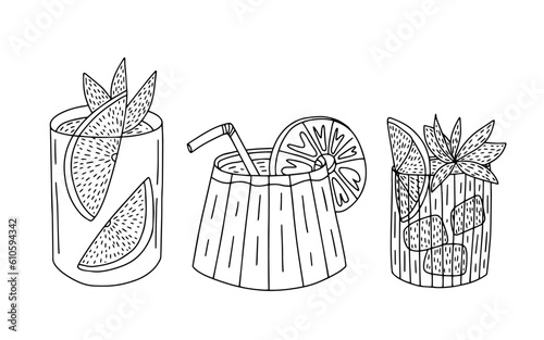 Vector non alcohol cocktails set. Summer long drinks sketches set 