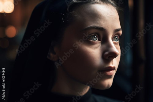 Portrait of a young nun in a cloister, church windows shadows reflect on the face of a nun. Created using Generative AI technology.