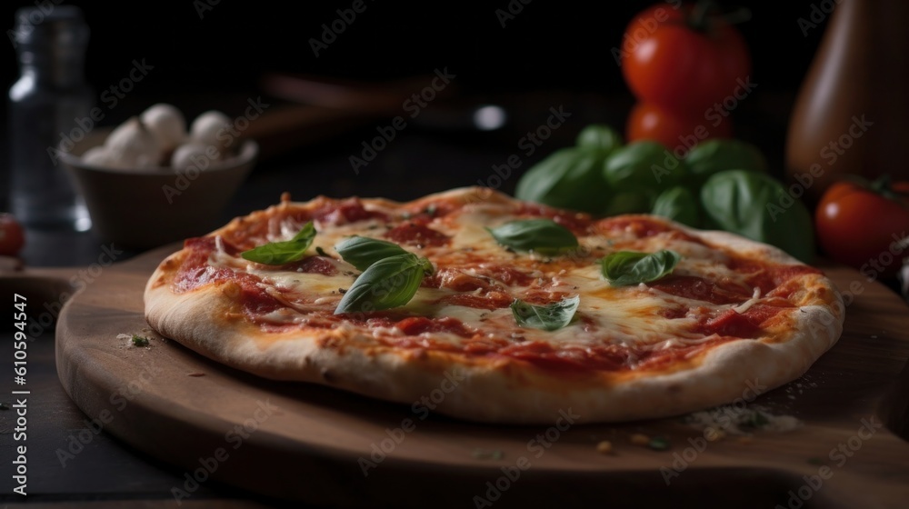 In this tantalizing stock photo, a perfectly baked pizza takes center stage, ready to entice with its mouthwatering appeal. Every aspect of this delectable creation has been crafted to please.