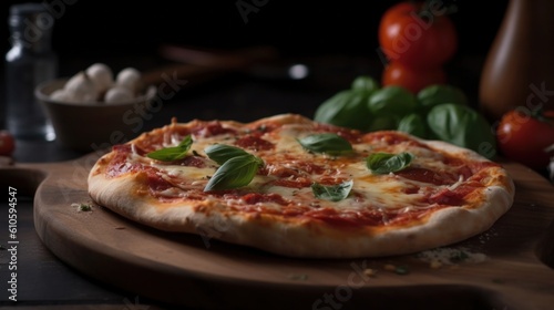 In this tantalizing stock photo, a perfectly baked pizza takes center stage, ready to entice with its mouthwatering appeal. Every aspect of this delectable creation has been crafted to please.