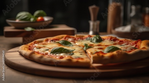In this tantalizing stock photo, a perfectly baked pizza takes center stage, ready to entice with its mouthwatering appeal. Every aspect of this delectable creation has been crafted to please.