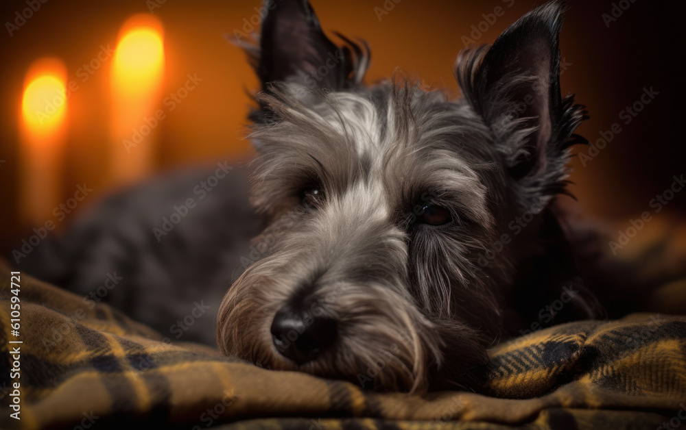 Peaceful Retreat: Relaxing with a Sleeping Scottish Terrier. Generative AI