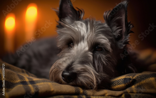 Peaceful Retreat  Relaxing with a Sleeping Scottish Terrier. Generative AI