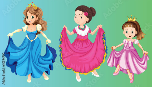 Princesses and queens different pose in gowns on gradient background