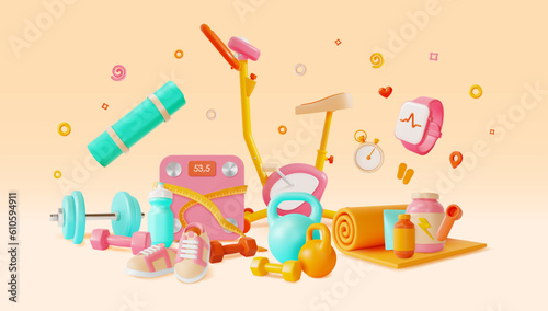 3d Health and Fitness Products Concept Background Cartoon Style Include of Muscle Exercise Bike and Yoga Mat. Vector illustration