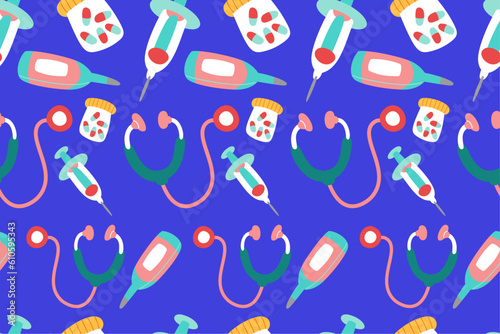 Cute Medical Seamless Pattern Perfect Kids Apparel Trendy Cartoon Textile for Healthcare nursery Hospital Clinic Wrapping Collage Drug Pharmacy Emergency Doctor Print Vector Illustrations