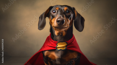 Domestic Superhero: Dachshund in Hero Costume with Cape. Generative A