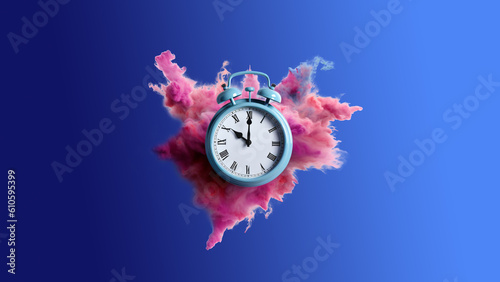 vintage alarm clock in colored smoke isolated on blue background, generative ai