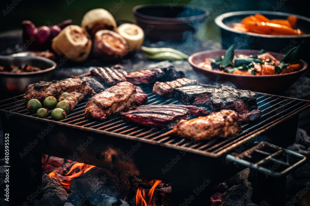 Assorted delicious grilled meat with vegetables on barbecue grill with flame. Good food. Picnic. Generative AI