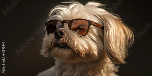 Playful Pooch: Adorable Lhasa Apso Dog with Funny Expression Lounges in Shades. Generative AI. © Bartek
