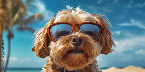 Summer Joy: Smiling Havanese Dog in Sunglasses, Striking a Pose on the Sandy Beach. Generative AI © Bartek