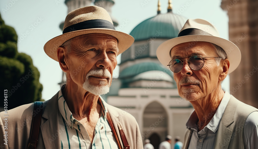 Two retired friends on vacation in Istanbul, posing in front of Hagia Sophia. Generative AI Two retired friends on vacation in Istanbul, posing in front of Hagia Sophia. Generative AI