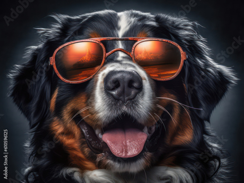 Playful Moments: Bernese Mountain Dog Wearing Funny Sunglasses, Generative AI