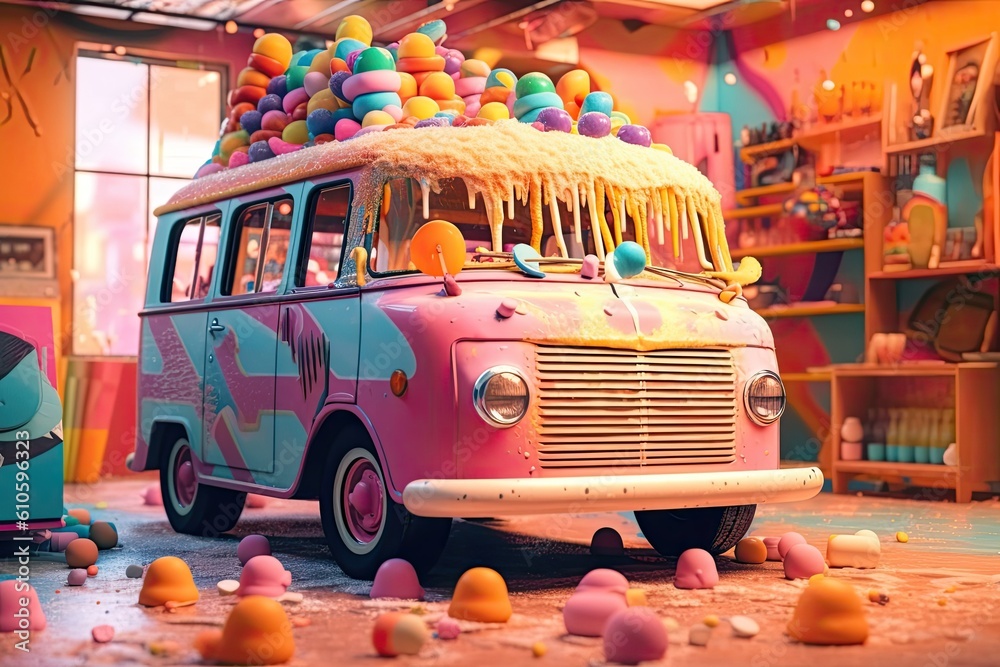 Hyper realistic Ai image of an ice cream car with cones and neon
