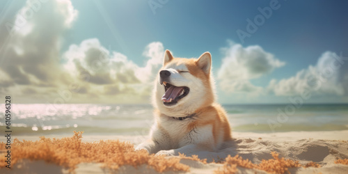Beach Barks: Cute Smiling Shiba Inu Dog Posing with a Funny Expression. Generative AI