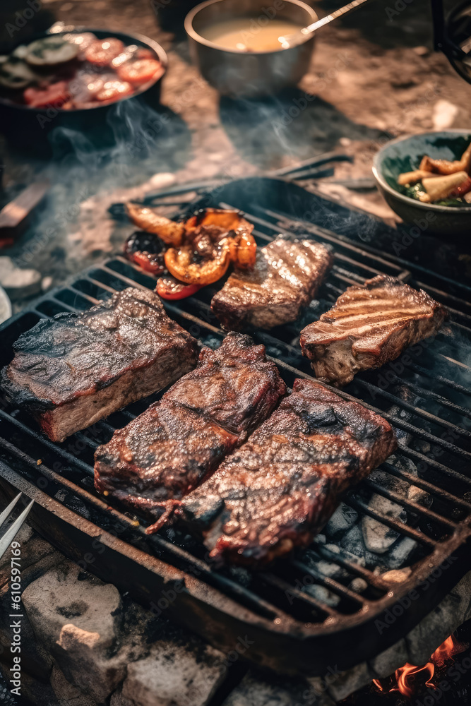  delicious grilled beef steaks on barbecue grill with flame. Good food. Picnic concept. Generative AI