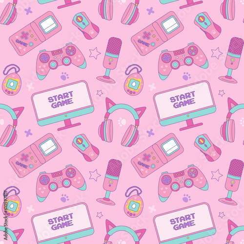 Gamer girl set of kawaii style elements. Vector seamless pattern. Vintage pink 90s Games