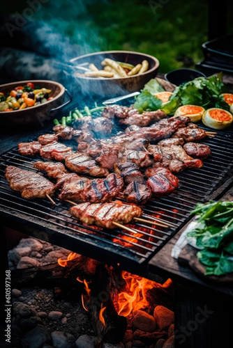  delicious grilled beef steaks on barbecue grill with flame. Good food. Picnic concept. Generative AI
