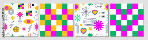 Set of modern geometric futuristic backgrounds. Abstract psychedelic brutalist seamless pattern. Geometric shapes, flowers, line art, rainbows, stars, checkered boards. Y2k. 