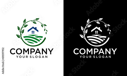 Farm House concept logo. Template with farm landscape. Label for natural farm products. Black logotype isolated on white background. Vector illustration.