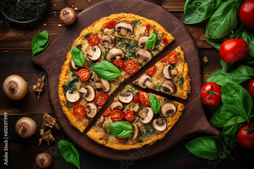 Healthy gluten free cauliflower crust pizza with tomatoes mushrooms and spinach, Top down view table scene on dark wood