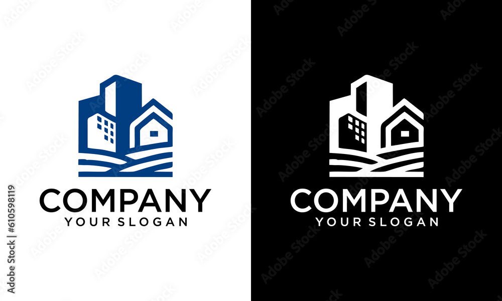 Real Estate Logo design vector template Linear style. House on Water wave Logotype concept icon.