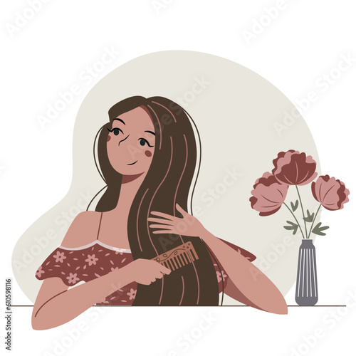 Cartoon young woman combing her long hairs by wood comb. A beautiful girl in a dress thought. Vector flat illustration.